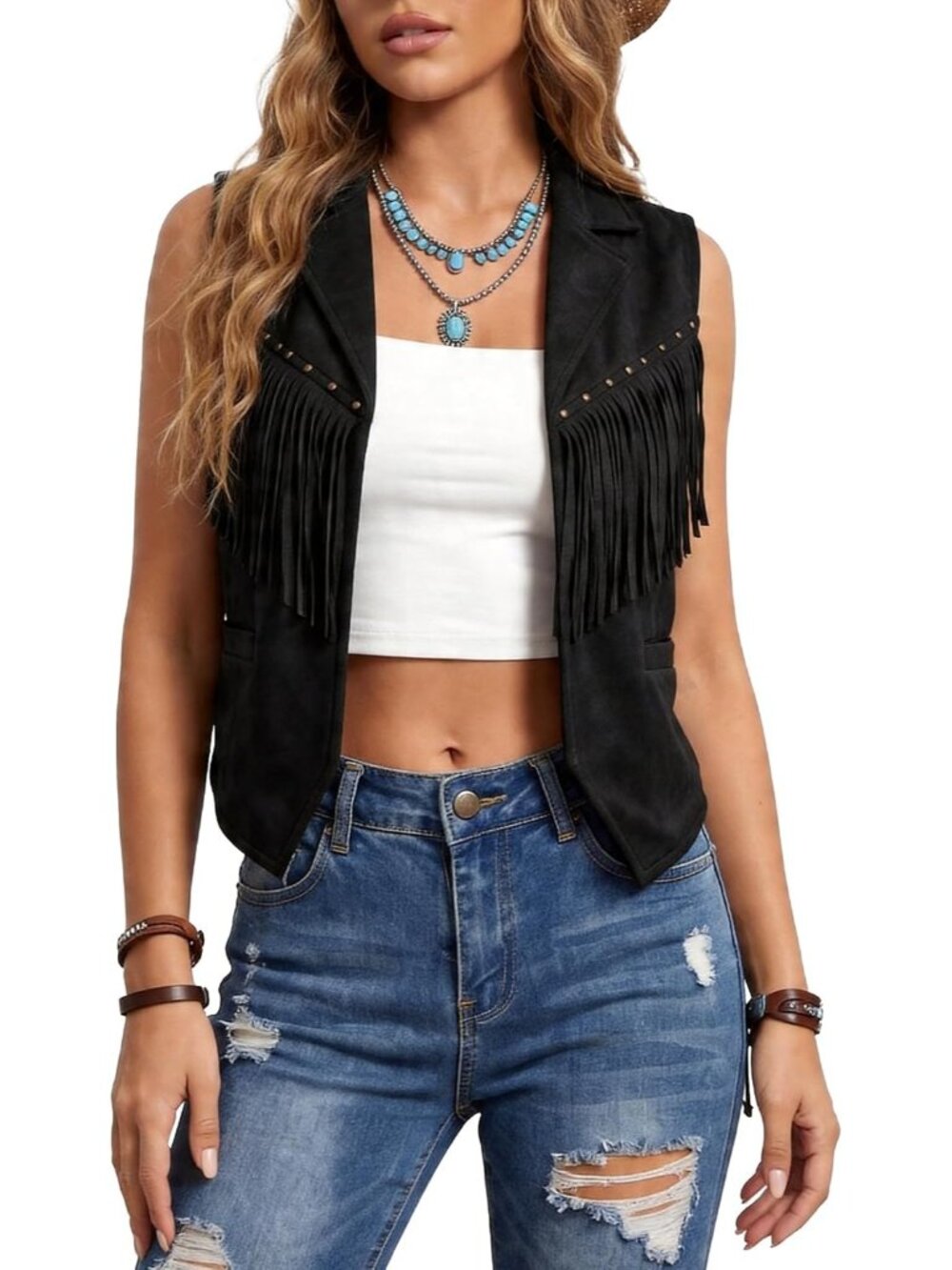 Women's Black Tassel Vest Faux Suede 70s Hippie Fringe Jacket Open Front Outfits